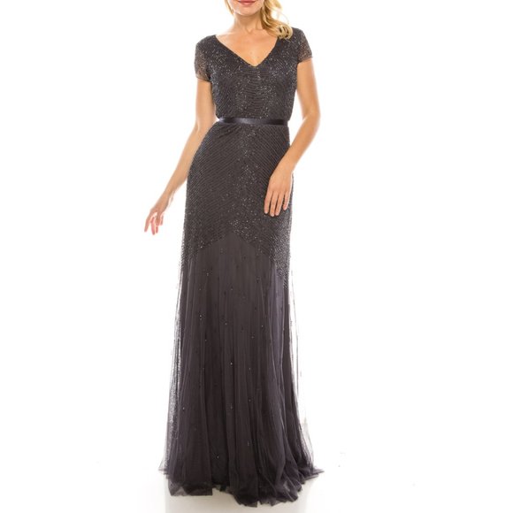 ADRIANNA PAPELL GUNMETAL BEADED SHEATH EVENING DRESS(091885900)